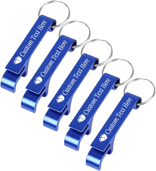 5PCS Personalized Bottle Opener Keychain Bulk Custom Beer Bottle Opener with Logo Text Engraved Wedding Bottle Opener Favors Customized Gifts for Guests Baby Shower Birthday Party-Blue