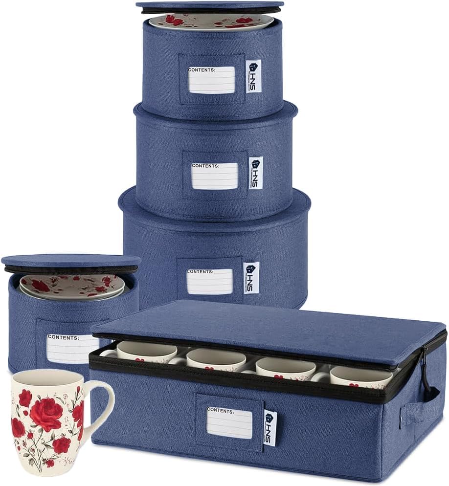 Hard Shell China Storage Containers 5-Piece Set Moving Boxes for Dinnerware, Glasses, Plates, Mugs and Saucers Sturdy Dish Organizer with Dividers for Seasonal Storage - Service for 12 - Denim Blue