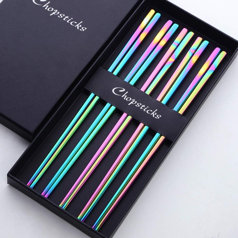Buyer Star Rainbow Stainless Steel Chopsticks - 5-Pair Reusable Chinese Square Chopsticks