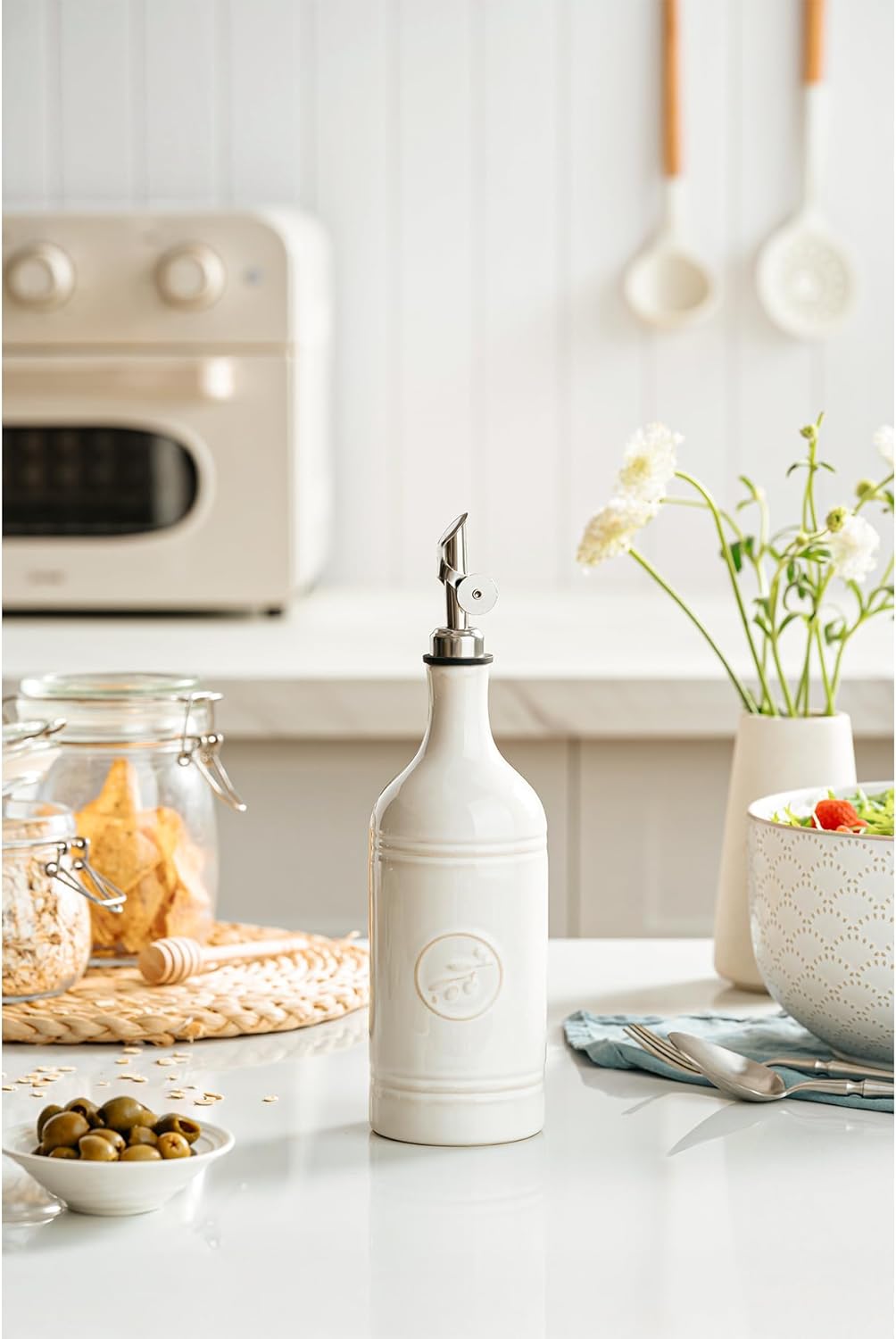 Olive Oil Dispenser Bottle with Spout, 18 oz Ceramic Oil Dispensers for Kitchen, Opaque Cruet, EVOO & Vinegar Bottle with Automatic Stainless Steel Pourer, Pack of 1