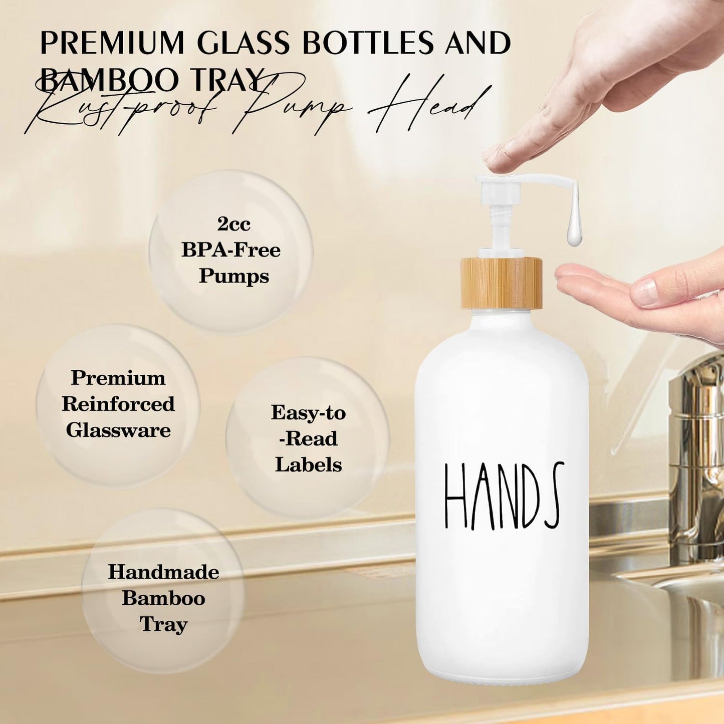 Arktek Glass Soap Dispenser Set with Tray, 2 Pack Hand and Dish Soap Dispenser Set for Bathroom and Kitchen Bottle Dispenser with Dish Soap, Hand Soap, Lotion 17 Oz (2 White)