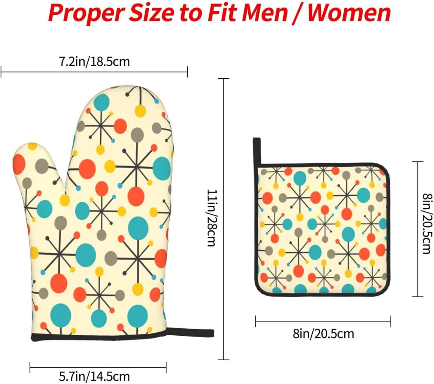 Mid Century Fifties Modern Atomic Retro Oven Mitts and Pot Holders Sets of 3, Yellow Kitchen Decor or Accessories, Heat Resistant Hot Pads Oven Gloves,Cooking Grilling Baking Gifts for Women