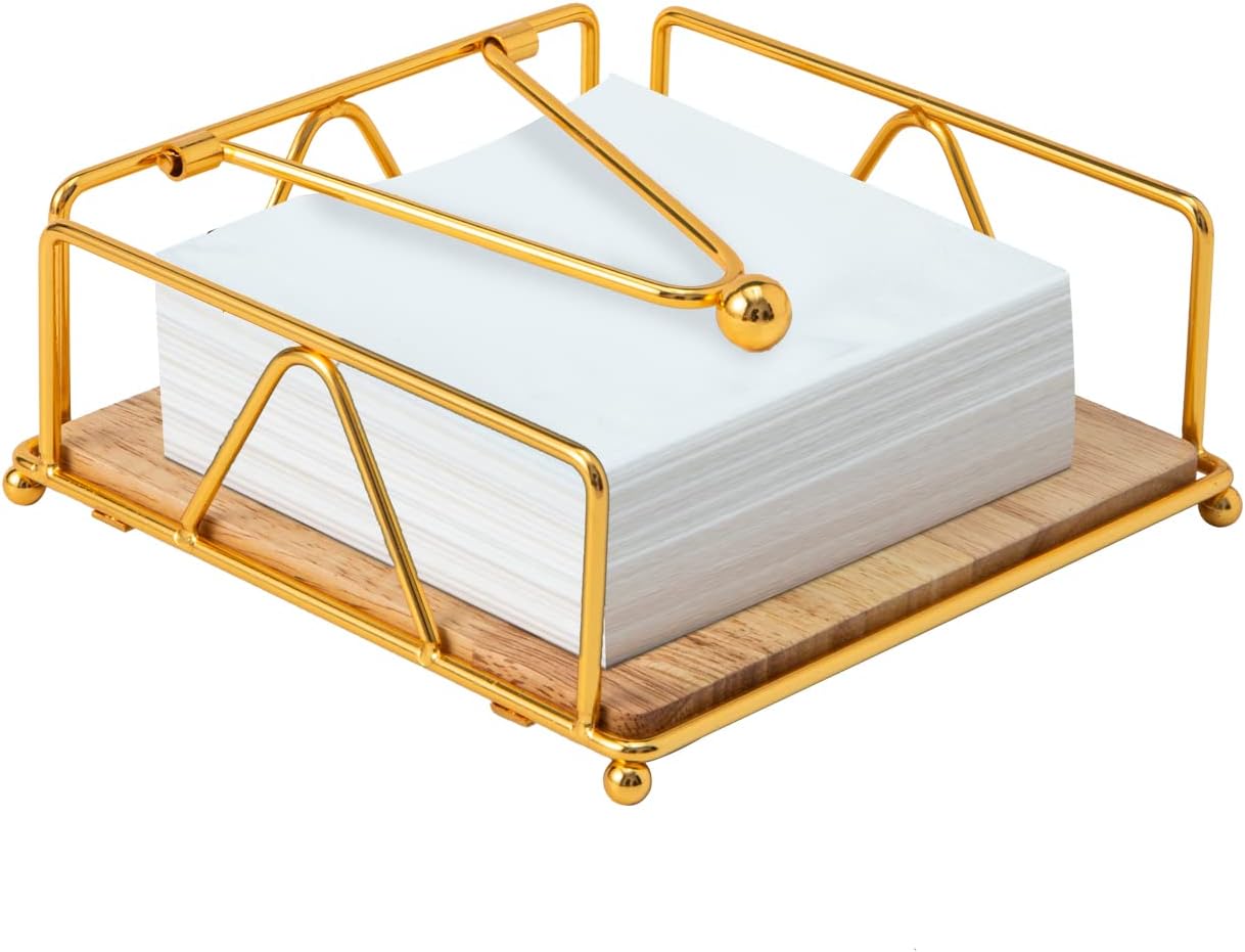 Square Napkin Holder - Durable Table Napkin Dispenser with Weighted Arm, Metal Napkin Storage with Wooden Base, Farmhouse Napkin Holder for Table, Kitchen and Countertops (Gold)