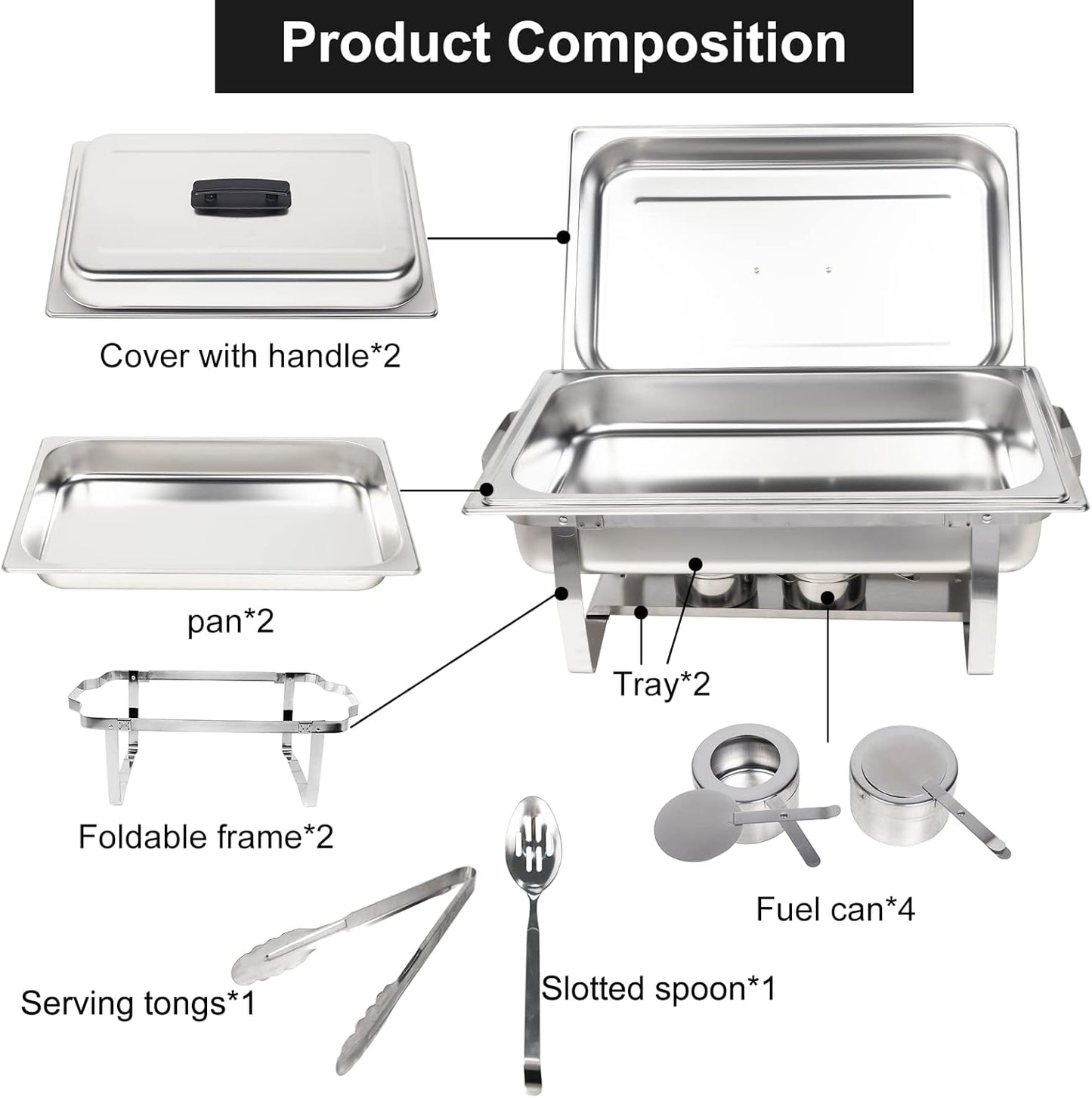 Valgus 8QT Stainless Steel Chafing Dish Buffet Chafer Set with Foldable Frame Water Trays Food Pan Fuel Holder and Lid Food Warmers for Parties, Banquet, Buffets, Wedding, Dining 2 Pack