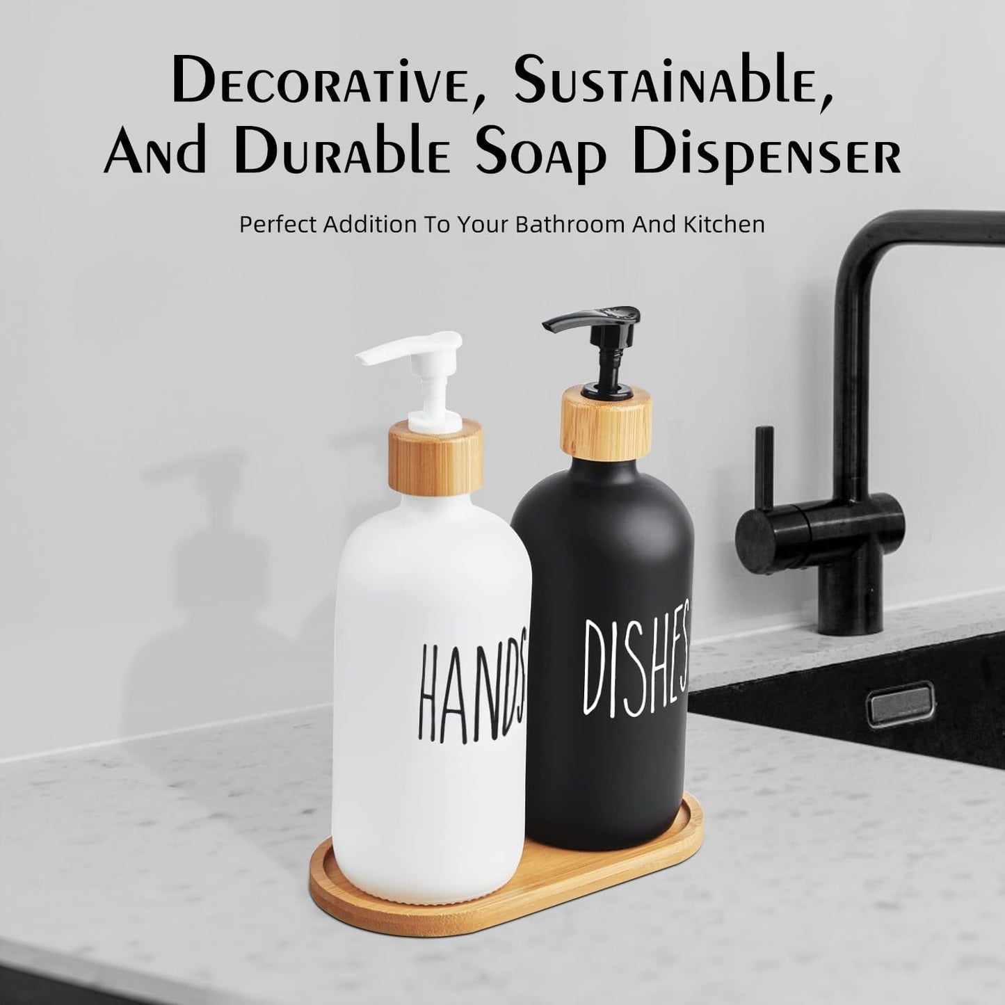 Arktek Glass Soap Dispenser Set with Tray, 2 Pack Hand and Dish Soap Dispenser Set for Bathroom and Kitchen Bottle Dispenser with Dish Soap, Hand Soap, Lotion 17 Oz (Black & White)