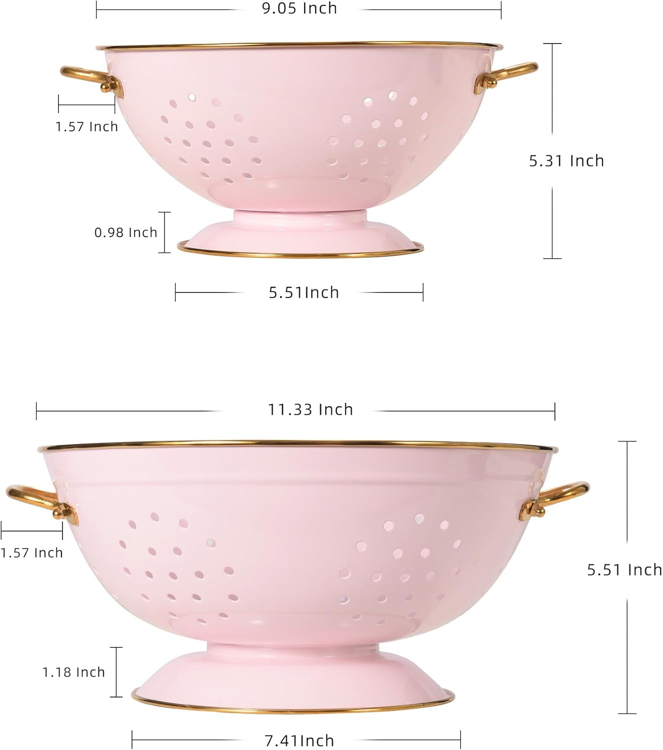 Metal Colander Set of 2, Strainer Basket with Handles 3.5 & 5 Qt Powder Coated Self-draining Solid Ring Base Metal Large Kitchen Colander Bowel for Pasta Vegetable Fruit (PINK), 2pack