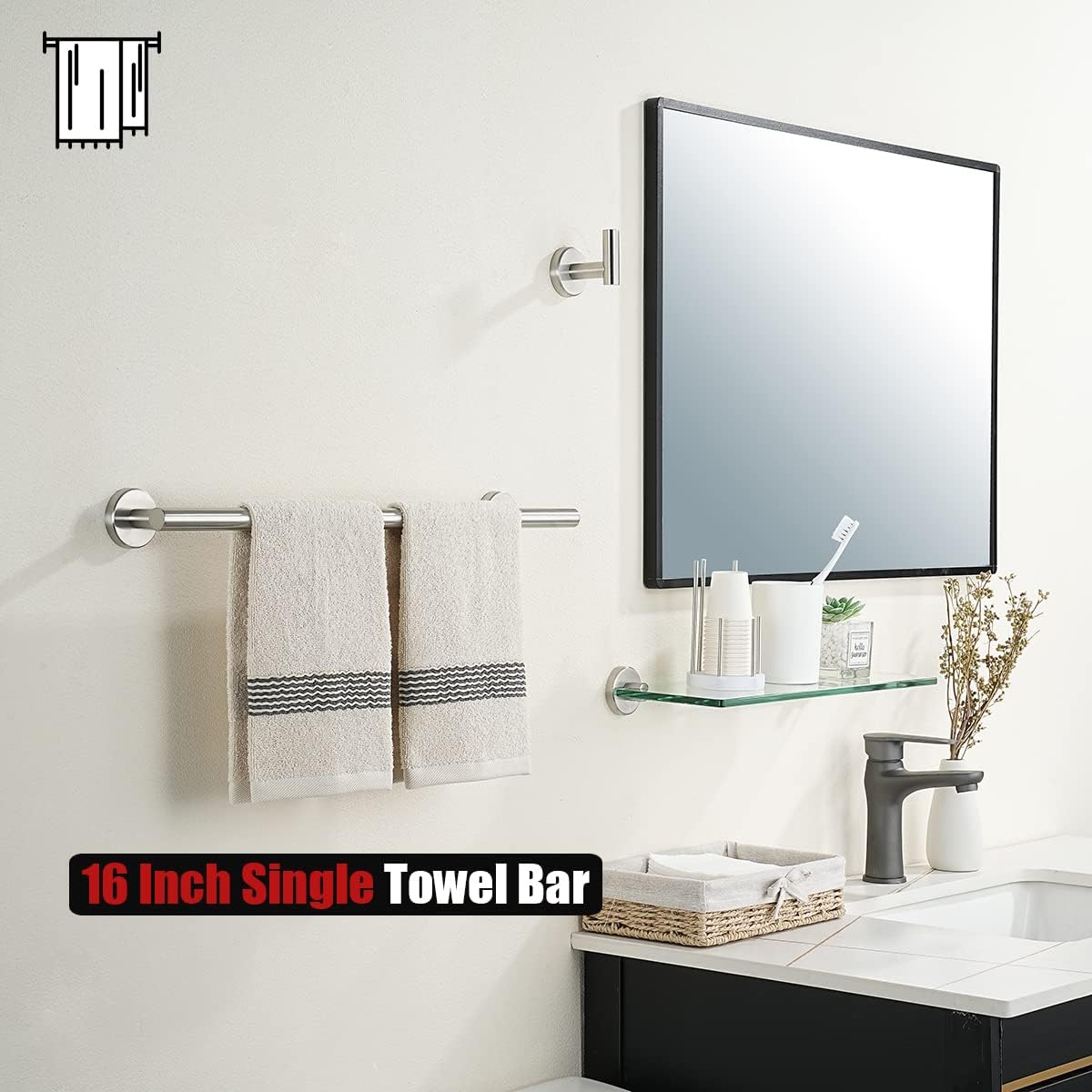 JQK Towel Bar Brushed Steel, 19 Inch 304 Stainless Steel Thicken 0.8mm Towel Rack Bathroom, Towel Holder Wall Mount, Useable Length 16 Inch TB110L16-BN