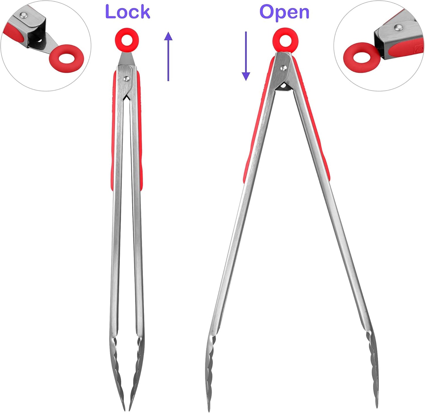 304 Stainless Steel Kitchen Cooking Tongs, 14" and 16" Set of 2 Sturdy Grilling Barbeque Brushed Locking Food Tongs with Ergonomic Grip, Red