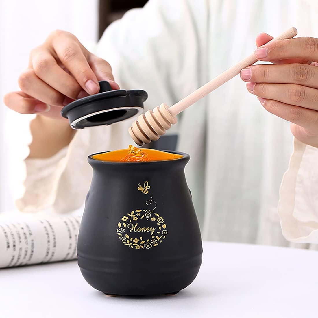 Ceramic Honey Jar with Wooden Honey Dipper-Honey Pot with Dipper- Honey Jar with Stand, Great Bee Decor- Farmhouse Kitchen Decor (Honey Jar-Black)