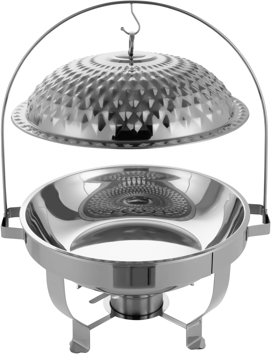 Chafing Dish Buffet Set, Stainless Steel Hanging Lid Dining Stove, Roll Top Chafing Dish Buffet Diamond-Shaped Lid and Round Stand for Buffet Restaurants and Banquets (Silver, 8L/8.5QT)