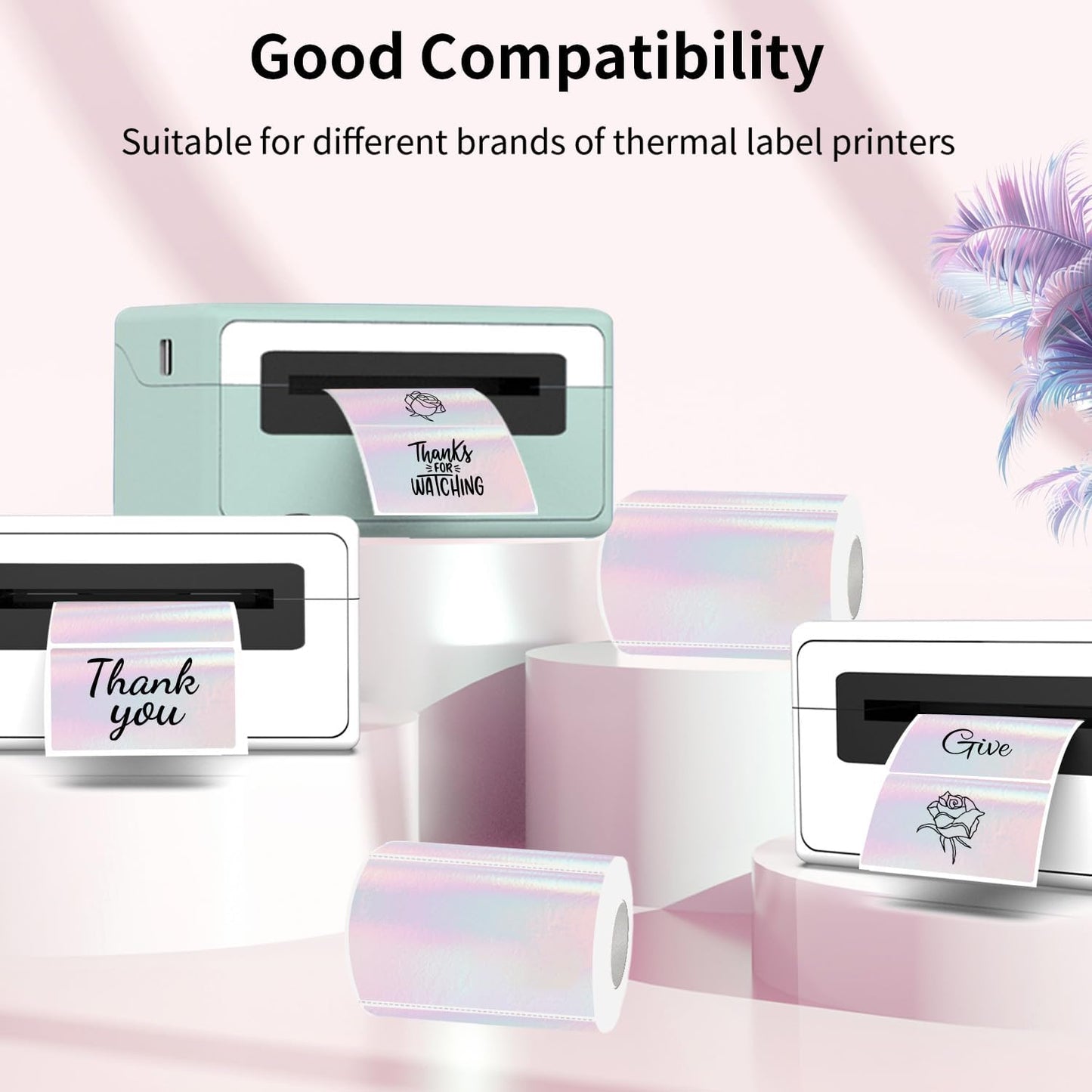 3x2 Inch Transparent Thermal Labels Stickers, Holographic Transparent Pink Direct Thermal Labels, Self-Adhesive Clear Waterproof Stickers for Logo Design- 200 Sheets