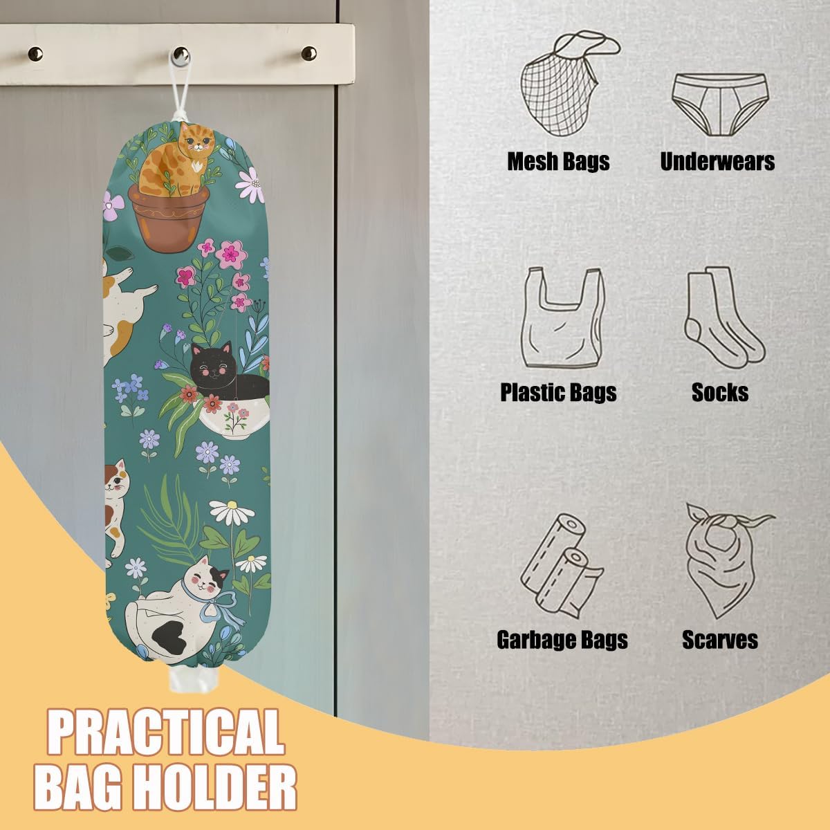 Garden Cat Plastic Bag Holder, Wall Mount Grocery Bag Holder, Plastic Storage bag, Pull Rope Free Adjustment, Plastic Bag Holders for Grocery Bags, Plastic Bag Dispenser for Home Kitchen