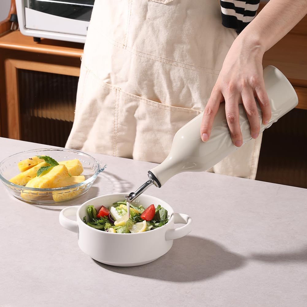 Sweejar Large Ceramic Olive Oil Dispenser Bottle, 24 Oz Relief Opaque Oil Cruet Protects Oil To Reduce Oxidation, Storage Vinegar, Soy Sauce, Coffee Syrup, Liquids, Set of 1 (Beige)
