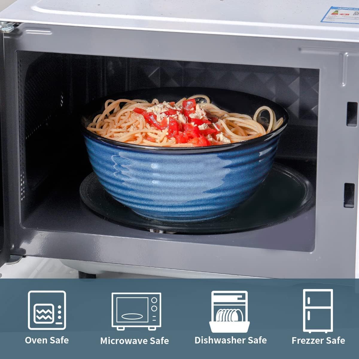 MEKY 65oz Ceramic Mixing Bowls Set of 2, Deep Large Ribbed Serving Bowls for Salad, Pasta, Ramen, Soup, Durable Kitchen Bowl Set, Microwave Oven Dishwasher Safe Porcelain，Blue