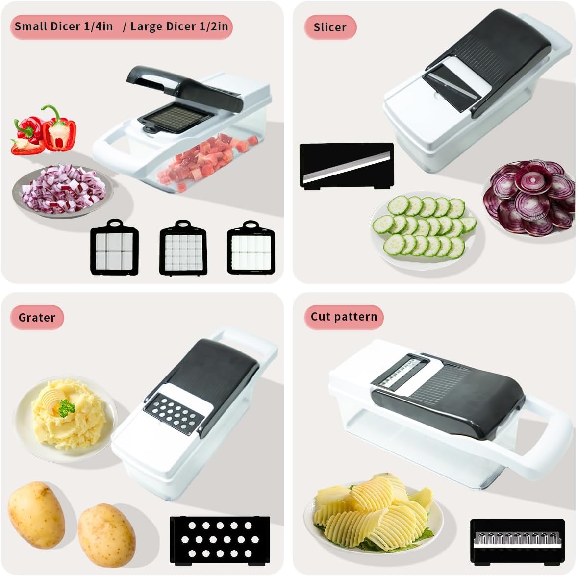 Vegetable Chopper Kit, Stainless Steel Blades, with Veggie Pusher, Grating & Pattern Cutting Blades, Catch Basin & Wash Basket, Safety Lock, Dishwasher Safe Kitchen Gadget (Black-White)