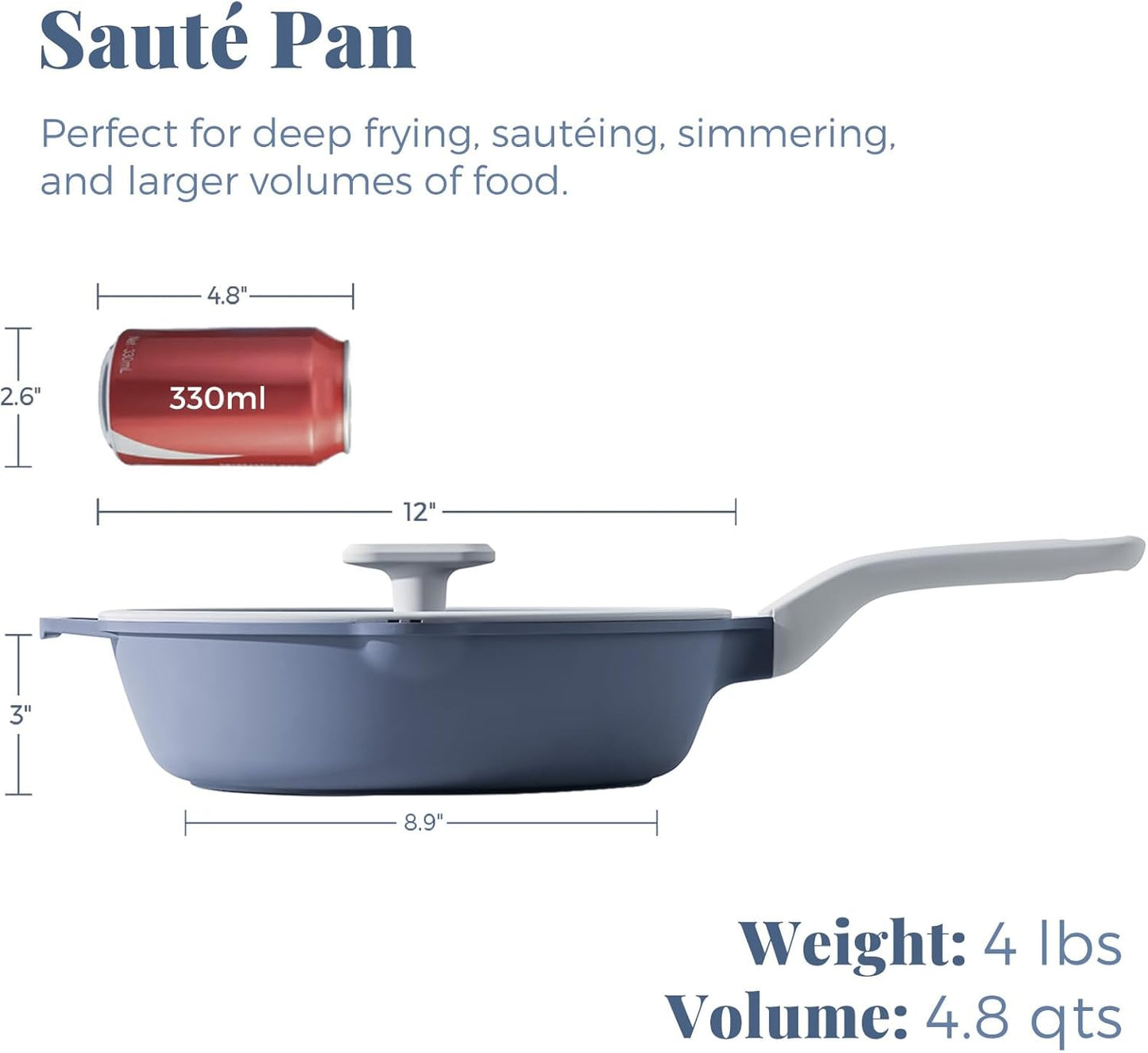 Ceramic Nonstick Deep Saute Pan with Lid, 10/12 Inch Non Toxic Pans with Double Pour Spout, Helper Handle and Lid, Metal Utennsil Safe, Dishwasher Safe, (12 Inch, Gray)