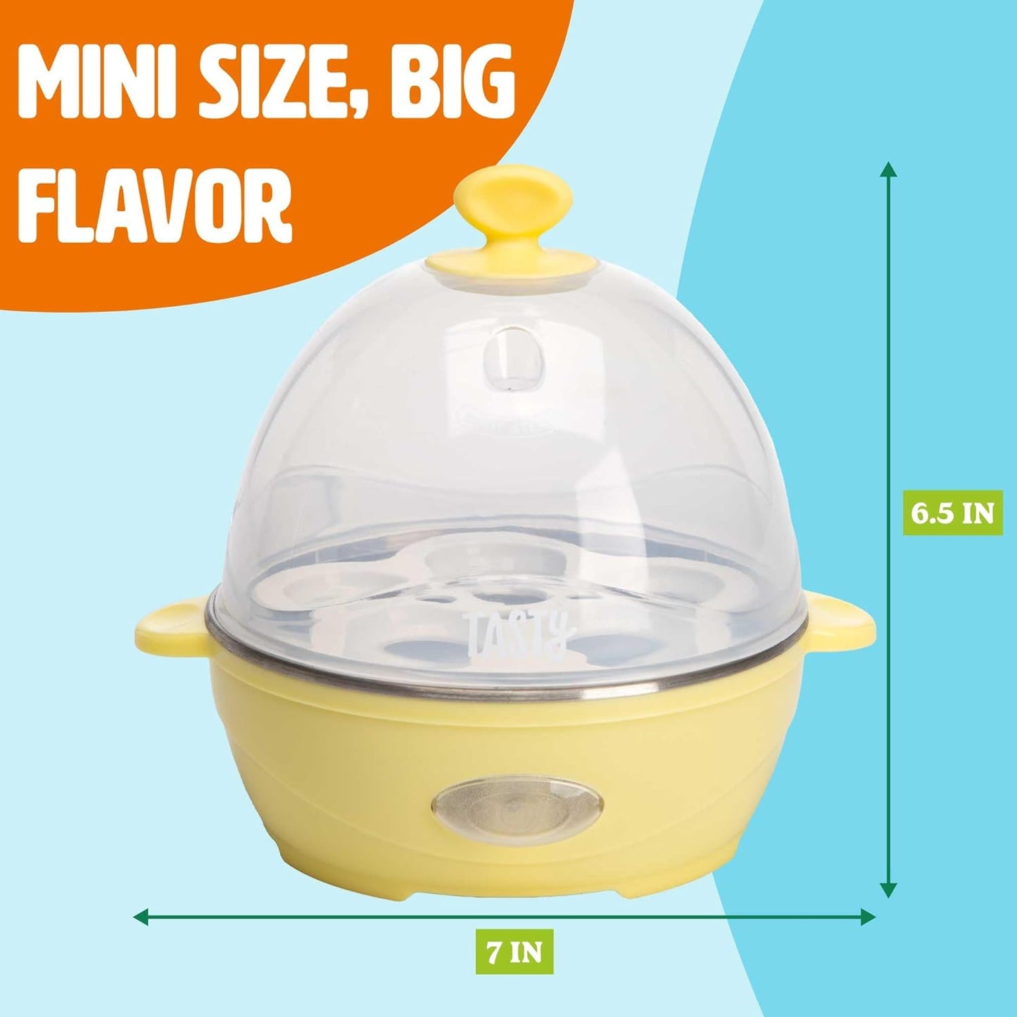 Tasty Mini Rapid Egg Cooker, 5-Egg Capacity for Perfect Hard Boiled Eggs or Omelets, Auto Shut Off, Yellow