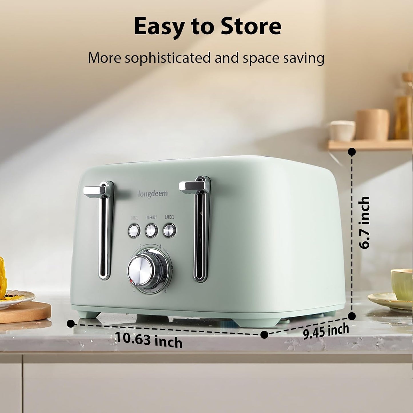 4-Slice Toaster 1.5" Extra Wide Slot Stainless Steel with High Lift Lever, 6 Presets & Bagel/Defrost/Cancel Function, Removal Crumb Tray, Under Base Cord Storage, Green