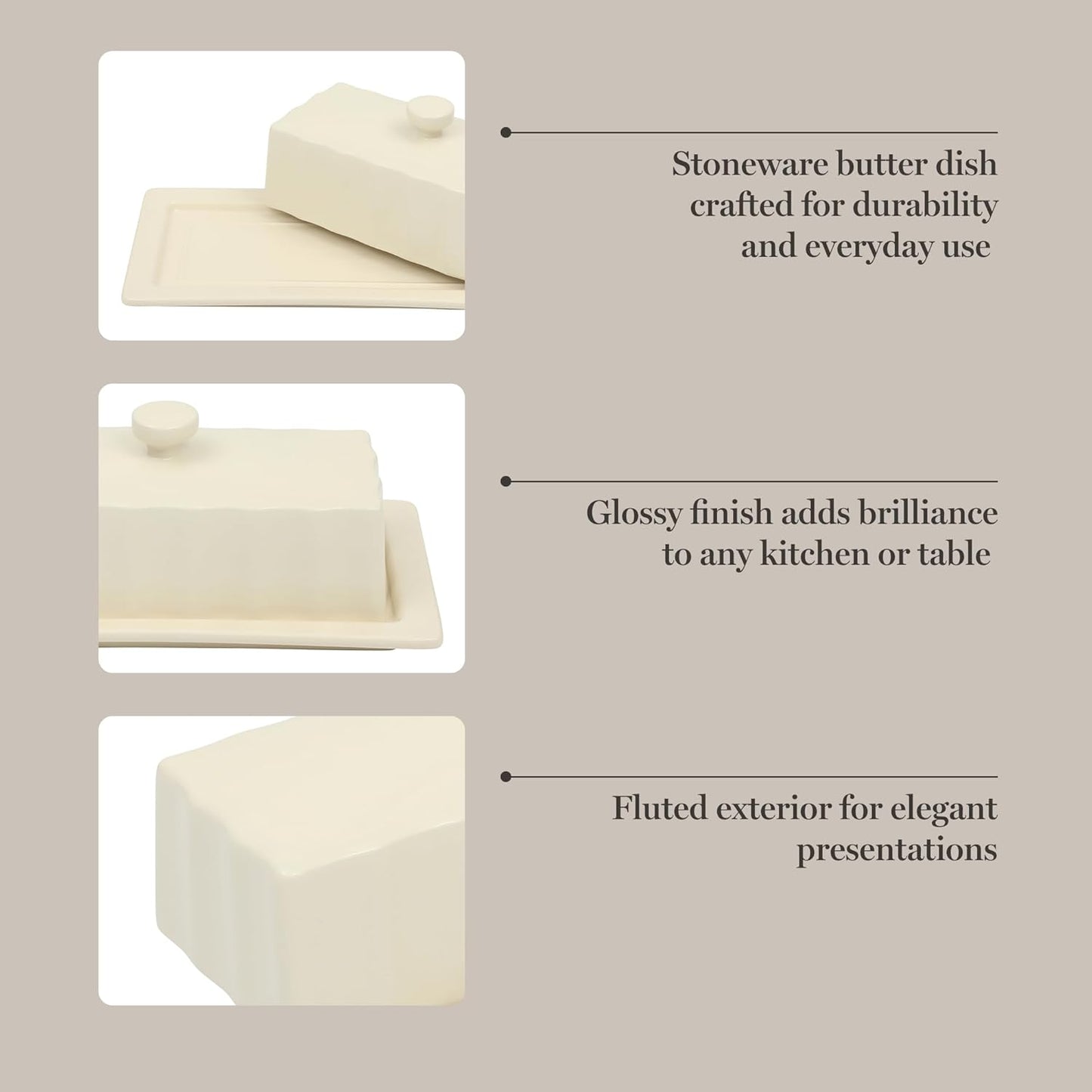 Martha Stewart Broadbrook Stoneware Butter Dish with Lid, Rectangular Covered Butter Keeper, 8.1 x 4.4 x 3 Inches, Classic Cream Glaze, Dishwasher Safe Ceramic Storage for Counter or Table