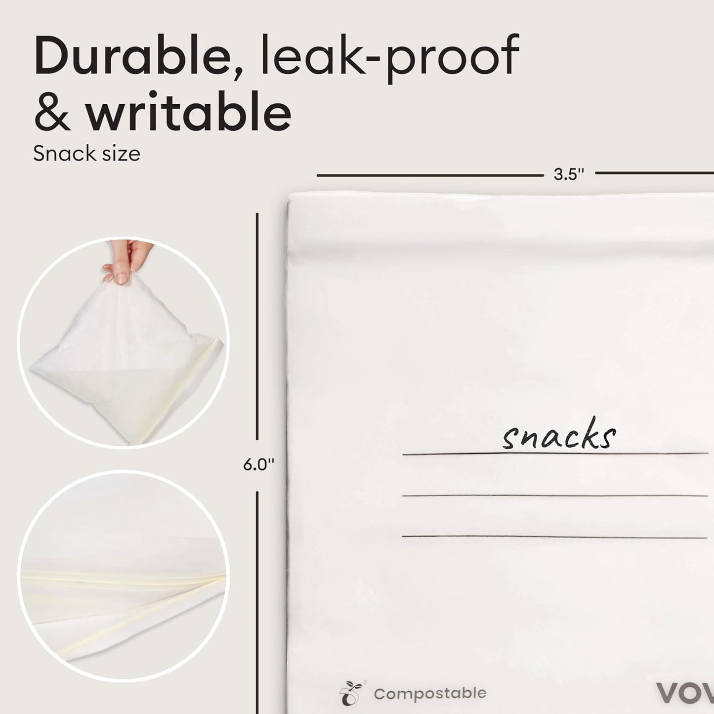 Vove Compostable Snack Bags, Small 50 Count – Freezer Safe, Leak Resistant, Non Toxic, Writable & Reusable Food Storage, Plastic-Free Eco Bags
