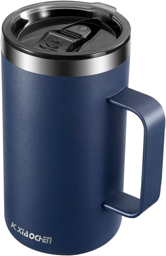 KXIAOCHEN 20oz Insulated Coffee Mug with Lid, Stainless Steel Coffee Cup, Double Wall Vacuum Coffee Tumbler with Handle, Premium Thermal Travel Coffee Mug (Navy Blue)