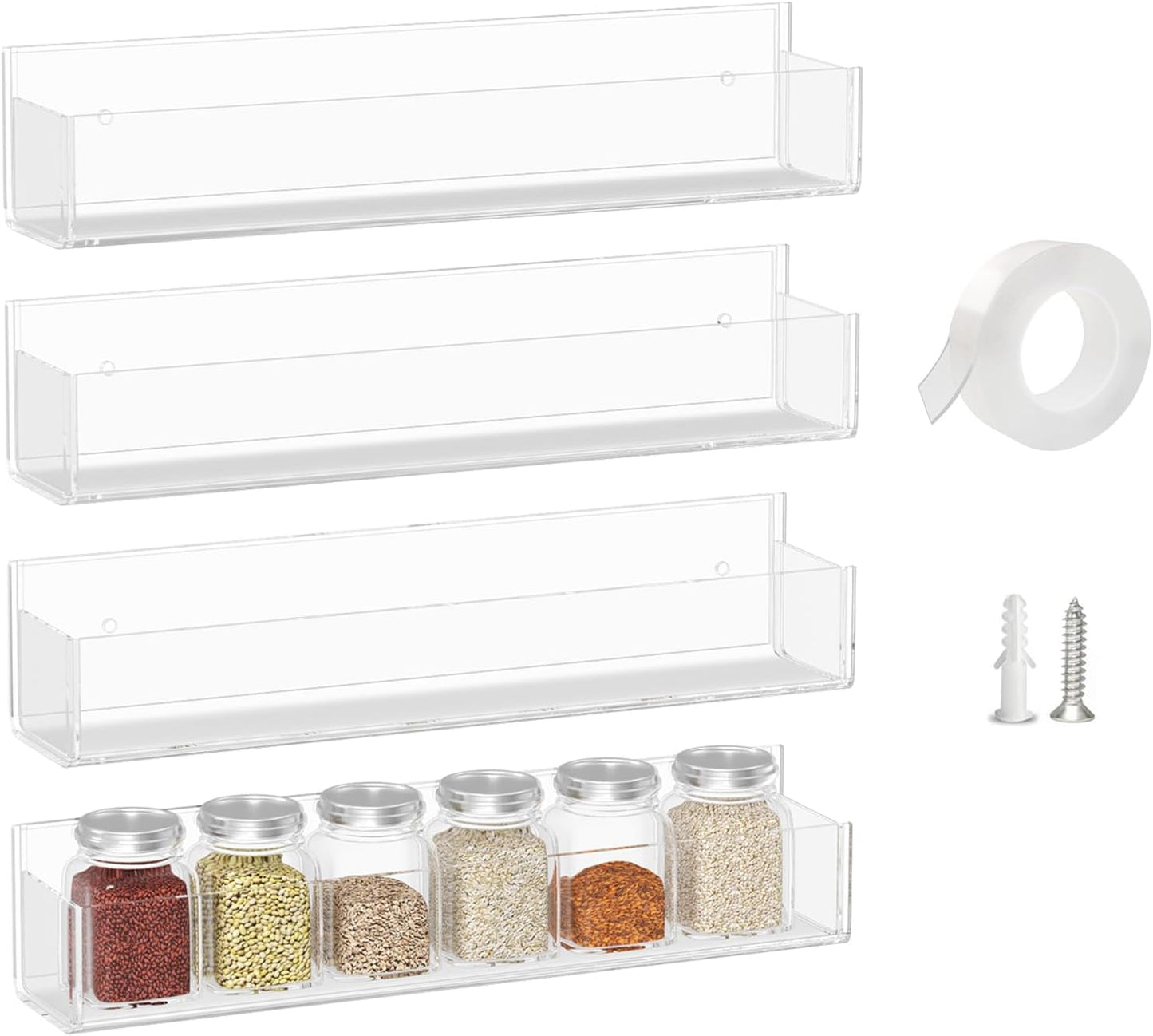 WUIVIUT Invisible Acrylic Wall Spice Rack Adhesive wall mounted rack organizer 11.8 inch spice shelf holder Drilling or self-adhesive organizer rack （Clear-4 Pack）
