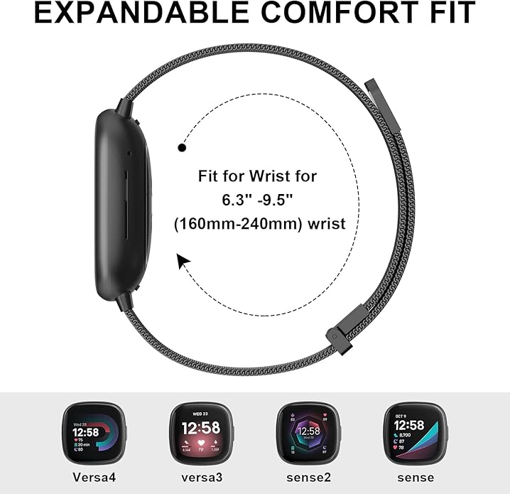 Meliya Metal Band for Fitbit Sense 2 / Sense Bands, Fitbit Versa 4 / Versa 3 Bands Women Men, Stainless Steel Mesh Magnetic Replacement Bracelet Strap for Fitbit Sense 2 / Versa 4 Smartwatch