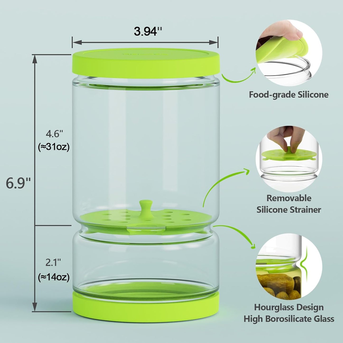 Glass Pickle Jar with Strainer Flip for Pickle Lover - 45 oz Leakproof Airtight Juice Separator for Olive, Gherkin or Chilli, BPA Free, Dishwasher and Refrigerator Safe (Green, 45 oz*1 pack)