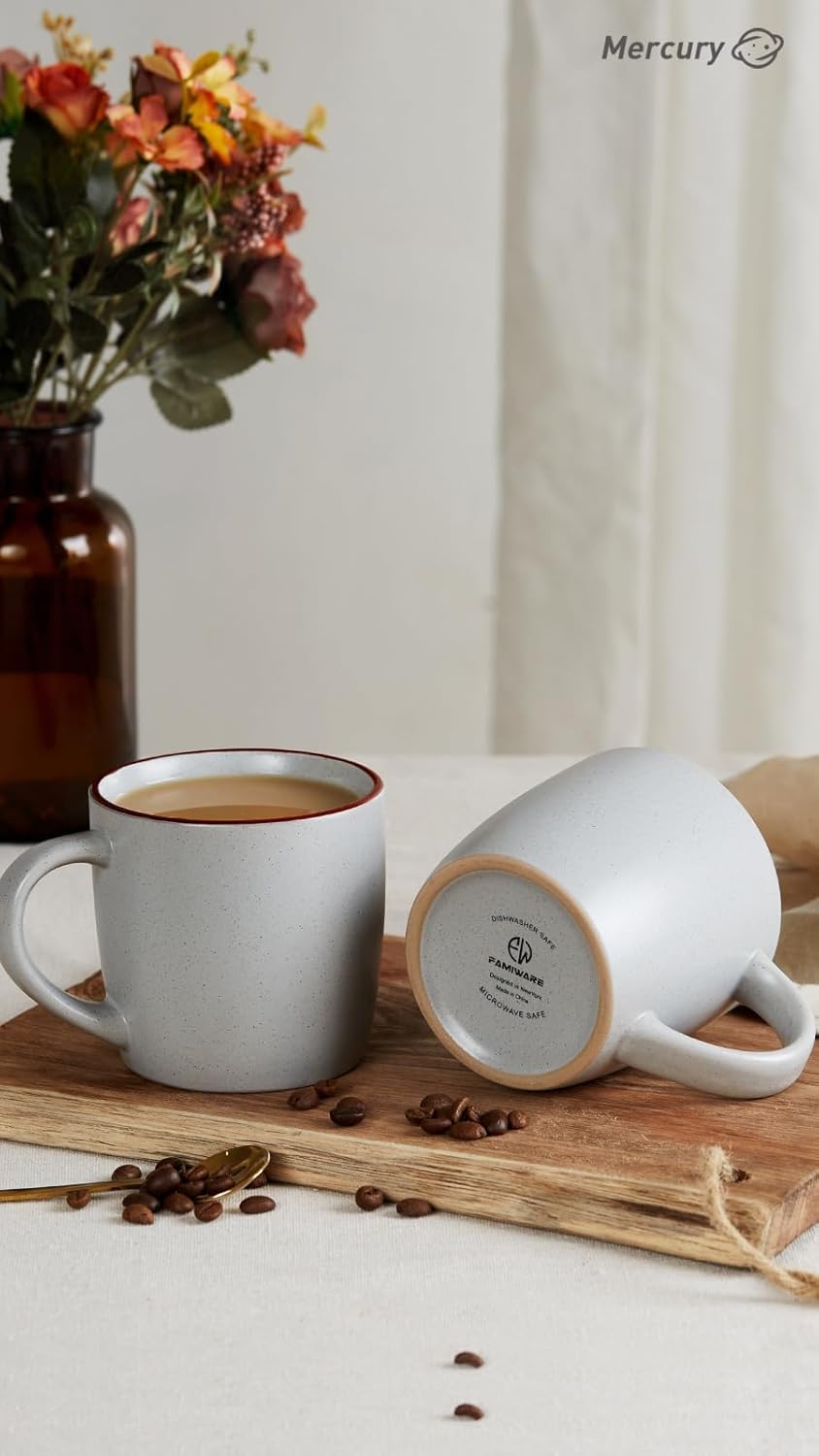 famiware Mercury Coffee Mugs 13 oz, Coffee Mugs Set of 6 with Handle, Cups for Latte, Hot Tea, Cappuccino, Mocha, Cocoa, Light Grey