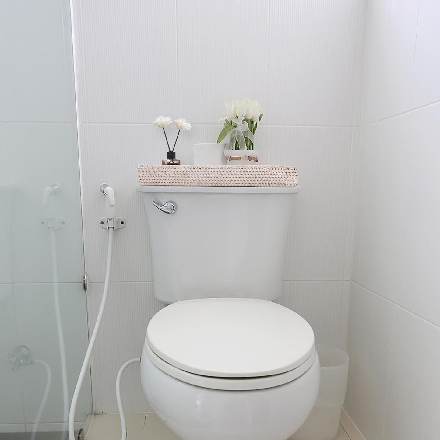 Rattan Bathroom Vanity Tray, Toilet Tank Basket Tray for Paper Hand Towel, Bathroom Counter Tray for Organizing and Decor (Whitewash, 16.3" x 6.1" x 2")