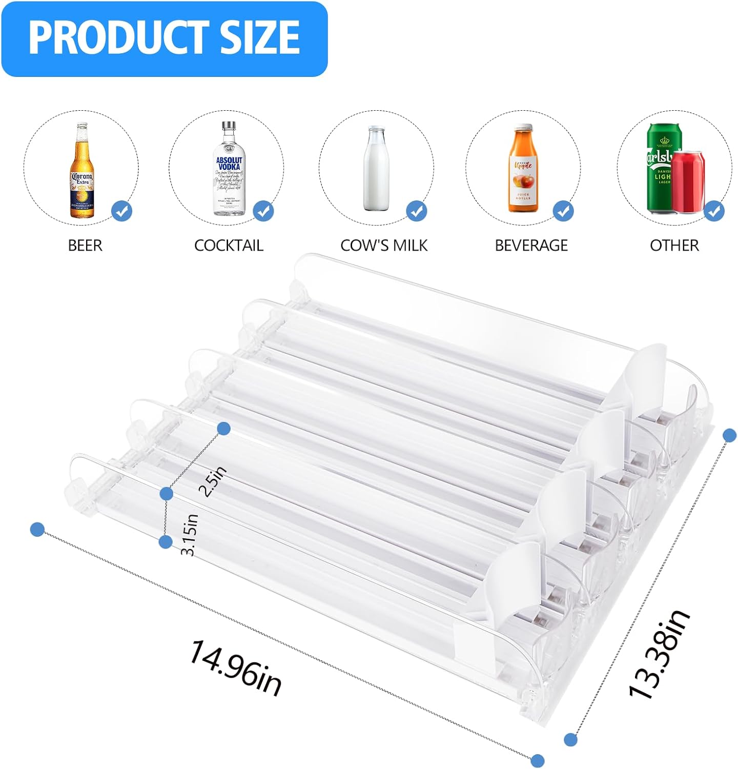 SOLY Drink Organizer for Fridge,Fridge Drink Dispenser for Fridge Automatic Pusher Glide,For Refrigerator Organizing Holds up to 14.96" D, Adjustable for 6-20oz (4 Row)