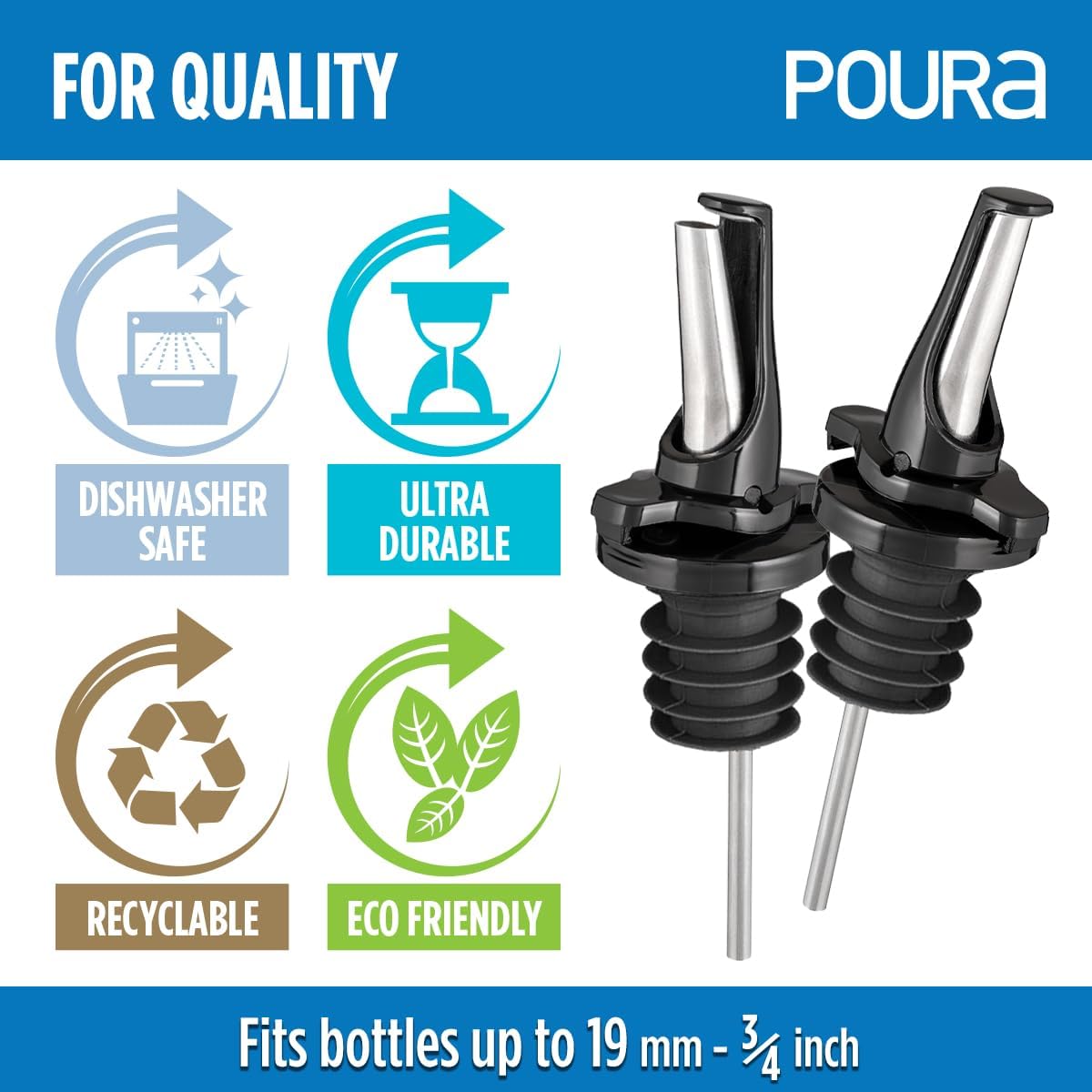 3-in-1 Liquor Pour spout with Built-in Fruit Fly Protection - Dishwasher Safe Hygienic Alcohol Speed Spouts - Also for Olive Oil, Juice, Syrup. Black 2 Pack