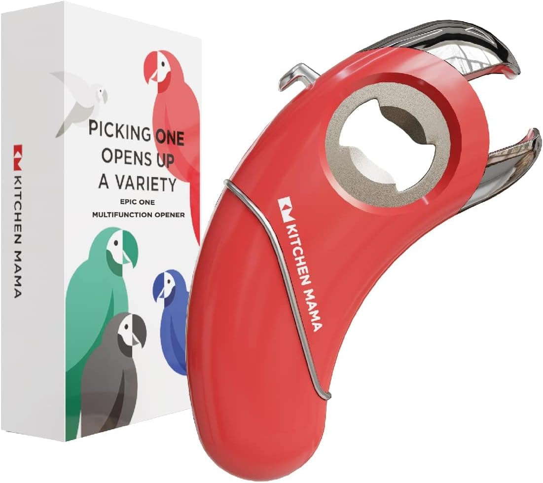 Kitchen Mama Epic One Multifunction Opener: Magnetic Bottle Opener, Beer Soda Opener, Effortless Jar Lid Opener for Seniors and Elderly with weak Hands and Arthritis, Essential Kitchen Gadget (Red)