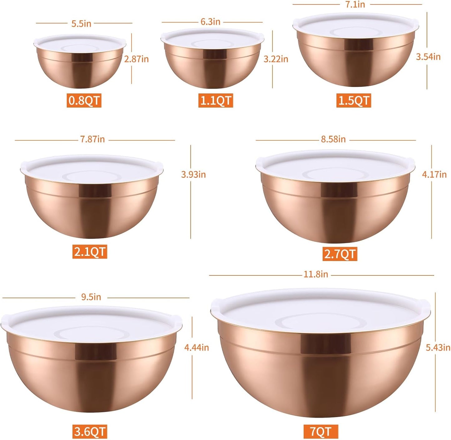 Rose Gold Mixing Bowls with Lids Set of 7, Stainless Steel Nesting Bowl with Khaki Lid for Non-slip Mixing Prepping Storing Serving, 7 Sizes-7/3.6/2.7/2.1/1.5/1/0.8 QT