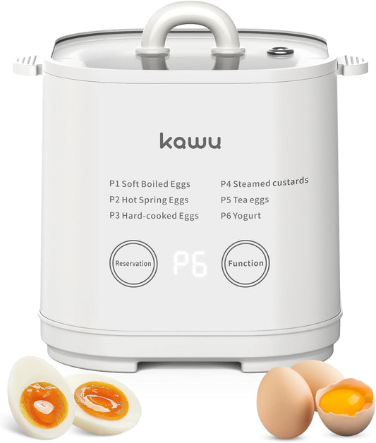 kawu 6-Function Egg Cooker for Hard Boiled Eggs, Egg Boiler with Timer, Egg Cooker for Soft Boiled Egg, Electric Egg Boiler with Auto Shut Off &Alarm, W/Bowl&Rack