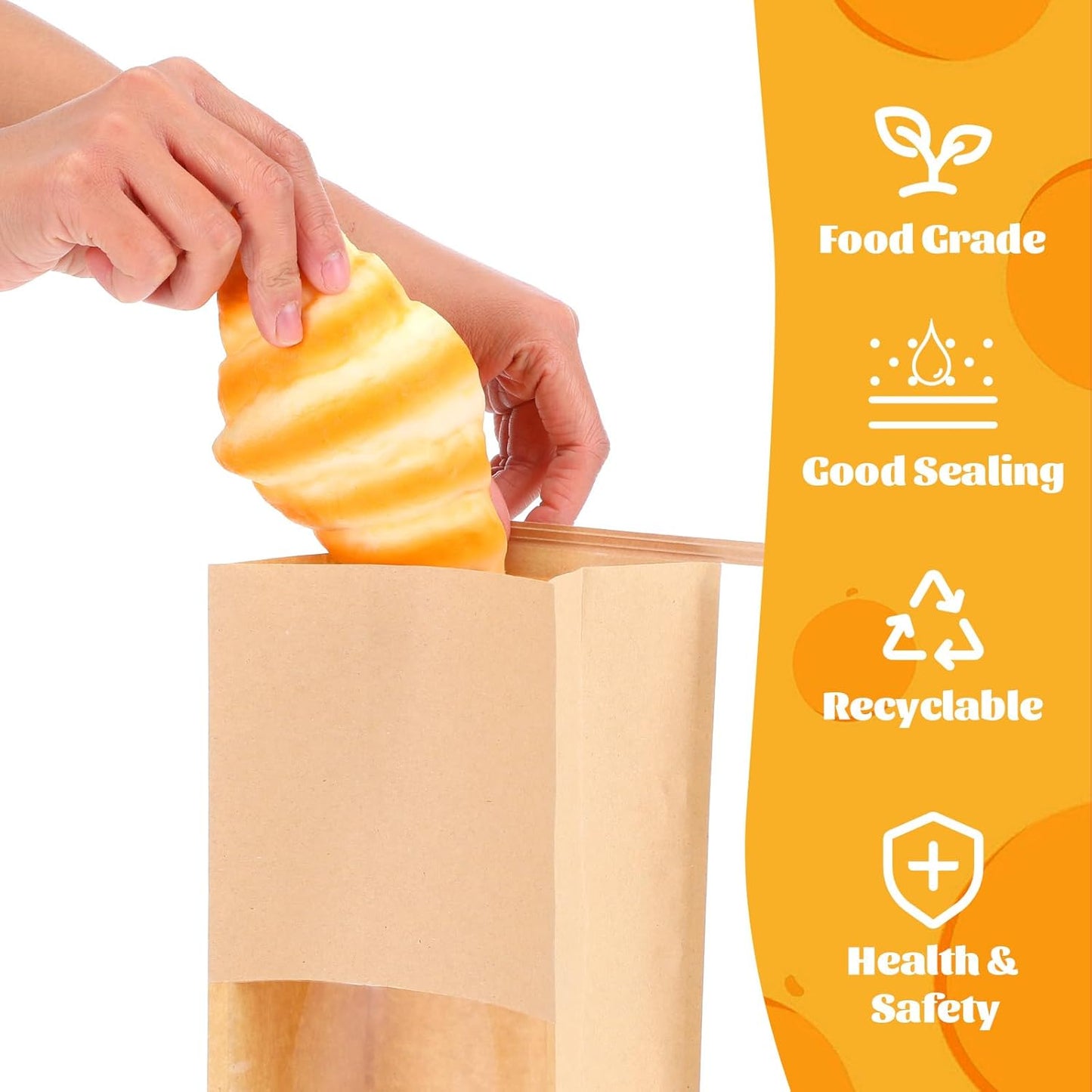 Tobeelec 100 Pcs Brown Kraft Paper Bread Bags with Window, Tin Tape Lock, Eco-Friendly, Disposable, 11 x 4 Inches