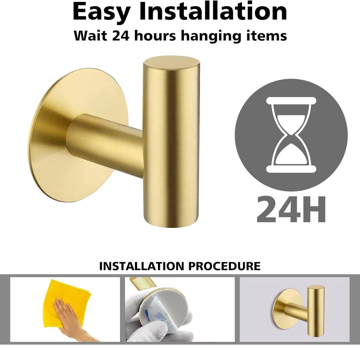 Adhesive Towel Hooks, Heavy Duty Wall Hooks Stainless Steel Waterproof Shower Towel Hooks - 4 Pack, Gold