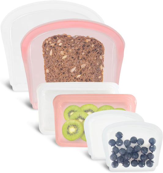 Reusable Silicone Storage Bag, 6Pack Pocket, Snack, and Sandwich Bag, Endurables Seal-Top Silicone Bags for Food Storage, Freezer, Microwave, Oven, Dishwasher Safe (Clear & Rose Quartz)