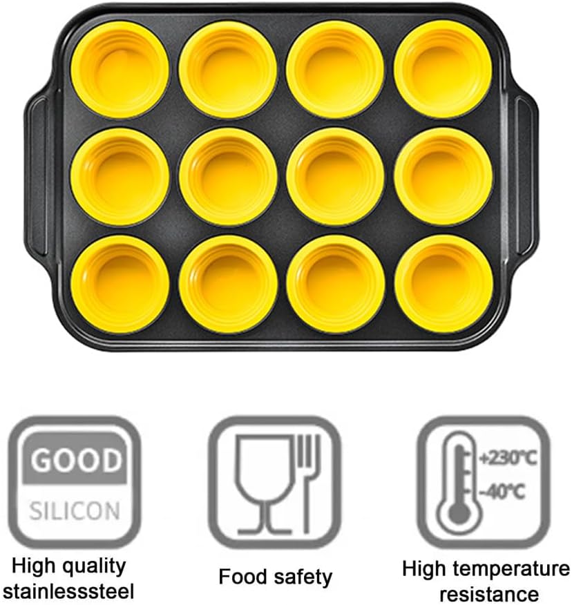 Silicone Muffin Pan with Metal Frame, Egg Bite Maker Silicone Molds for Baking, Cupcake Pans 12 Regular Size, Muffin Tins Easy to Pop Nonstick Non Toxic Bakeware for Oven (Yellow)