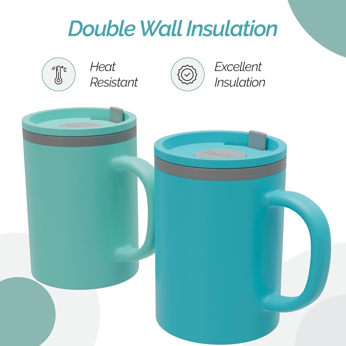 Copco Iconic 16oz Double Wall Insulated Desk Mug with Lid and Handle, Set of 2, BPA-Free Reusable Plastic, Spill-Proof, Microwave & Dishwasher Safe, Wide Mouth, Cup Holder Friendly (Aqua/Mint)
