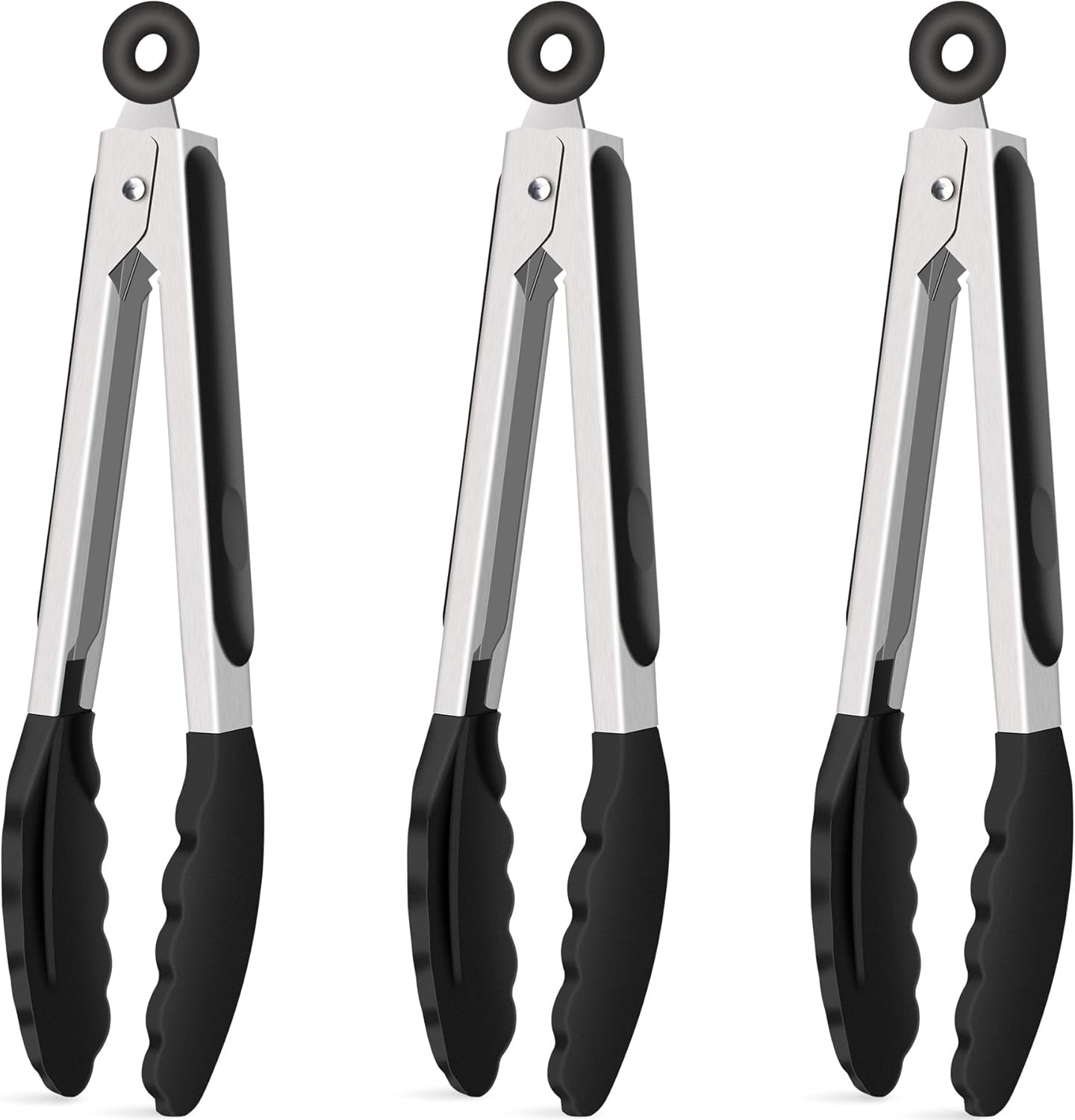 Hotec Silicone Kitchen Tongs for Cooking 9-Inch Serving Tongs with Silicone Tips, Set of 3 (Black)
