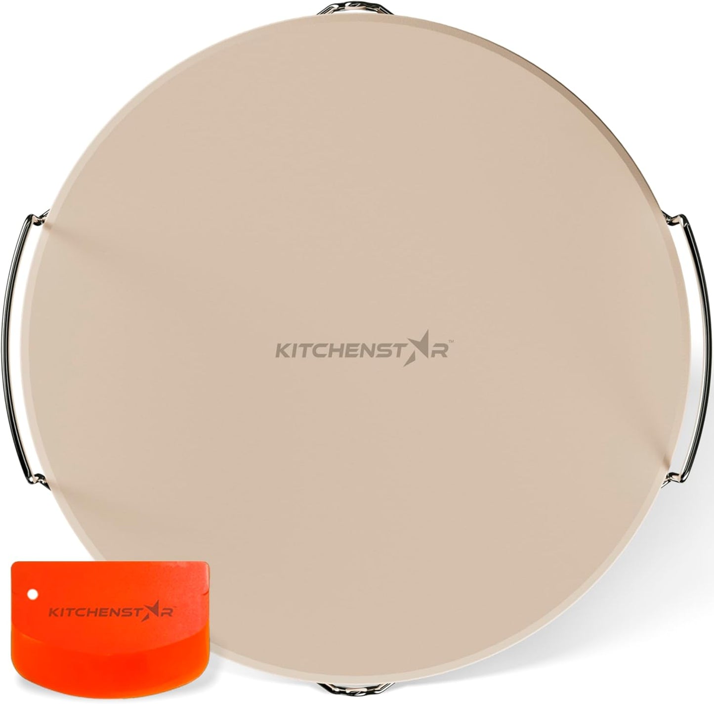 KitchenStar 14-inch Pizza Stone for Oven and BBQ Grill with Handles, Round, 5/8" Thick - Natural Cordierite, 1800 °F Resistant, Baking Stone Set with Stainless Steel Rack & Plastic Scraper Tool