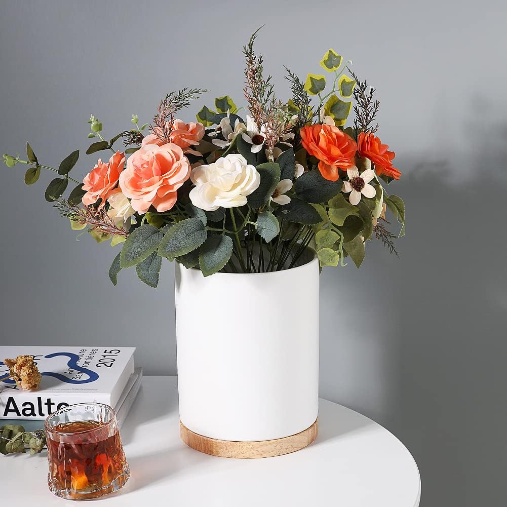 Sweejar Kitchen Utensil Holder with Wooden Bottom, 8.2" Ceramic Utensil Crock to Hold Spatulas for Cooking Countertop, Housewarming, Wedding, Birthday Gift (White)