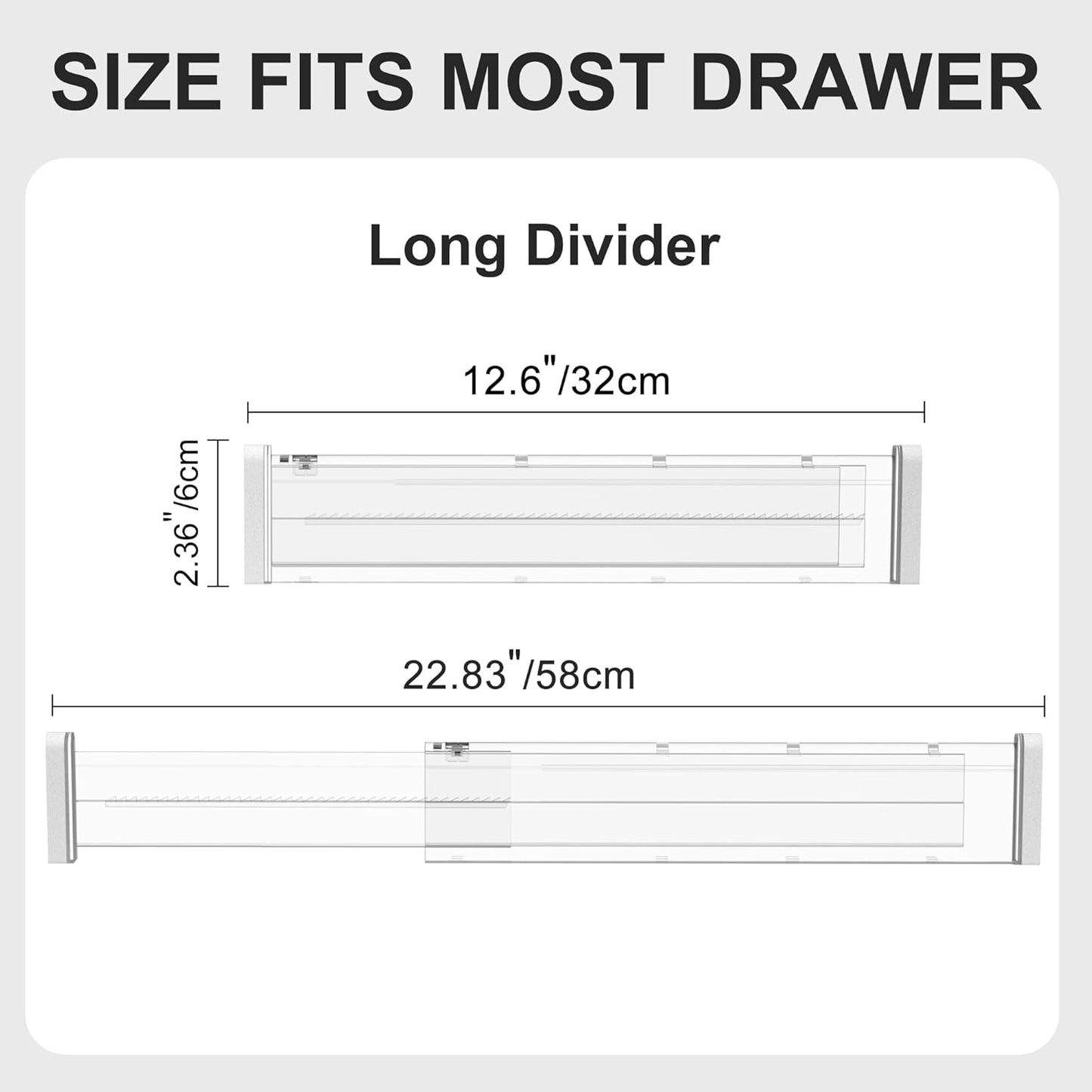 HiYZ Expandable Drawer Dividers - 12.6-22.8'' Adjustable Drawers Organizers for Kitchen Utensils, Drawer Separators in Bedroom, Dresser, Office, Bathroom, Fridge, 8 Pack Long Dividers-Clear