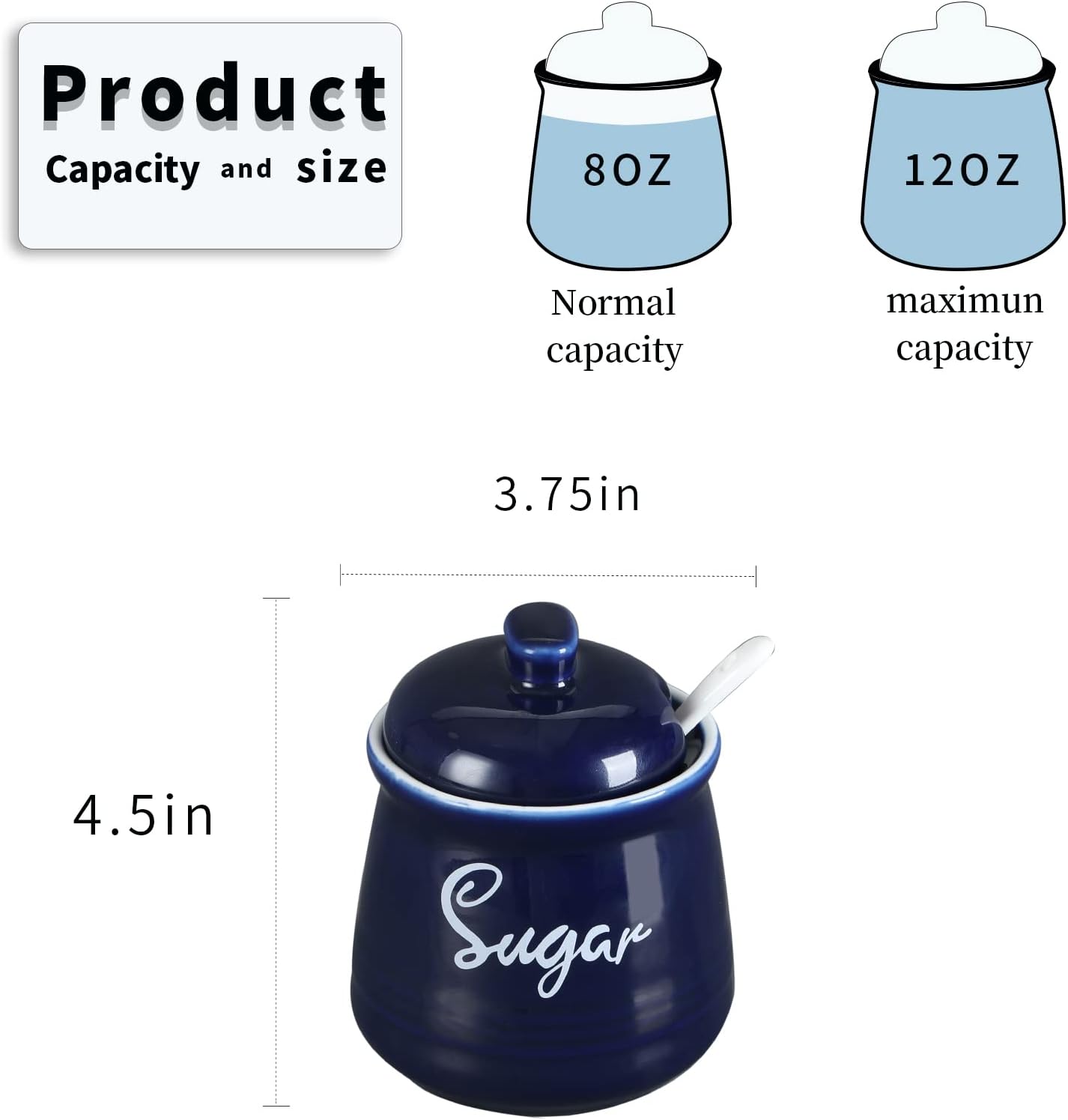 HAOTOP Farmhouse Porcelain Sugar Bowl with Lid and Spoon 12oz,Easy to Clean (Navy)