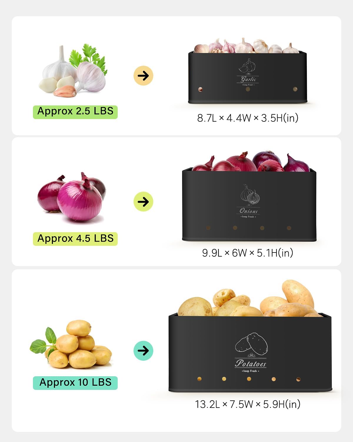 Kitchen Vegetable Storage Set of 3, Sturdy and Durable Storage Basket for Potato, Onion, Garlic, Fruit,Aerating Holes and Wooden Lid (black)