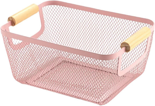 Metal Mesh Steel Basket, Small Wire Storage Organizer Baskets Multi-function Hanging Kitchen Basket with Wood Handle for Kitchen Bathroom Picnic Home, Rectangle-Pink