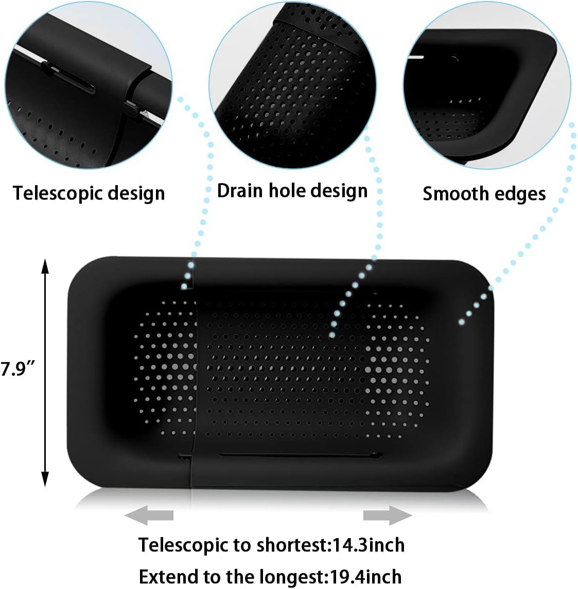 Collapsible Sink Colanders and Strainers Basket Extendable Plastic Fruit Vegetable Strainer Drainer Basket for Kitchen (Length 13.6 inch-18.7 inch) (Black) 6 * 10