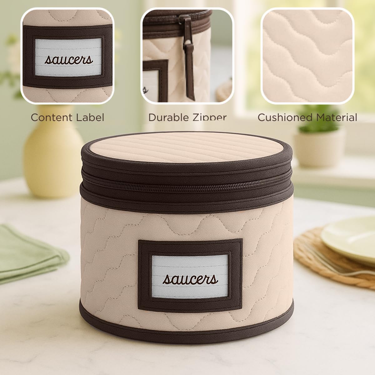 Saucers Storage Container - Quilted Microfiber China Organizer Box with Dividers - Protects & Organizes Up to 12 Plates of 7" - Ideal for Seasonal Dishware Protection