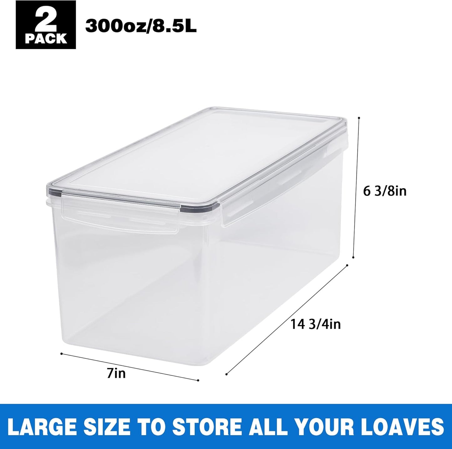 Tiawudi 2 Pack Bread Box, Plastic Bread Container, Large Sandwich Holder, Bread Storage Container for Kitchen Counter, Bread Keeper with Airtight Lid, Bread Saver, 9 Qt / 8.5L Each